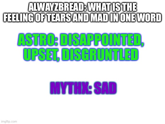 Uhhhh ok? | ALWAYZBREAD: WHAT IS THE FEELING OF TEARS AND MAD IN ONE WORD; ASTRO: DISAPPOINTED, UPSET, DISGRUNTLED; MYTHX: SAD | image tagged in blank white template | made w/ Imgflip meme maker