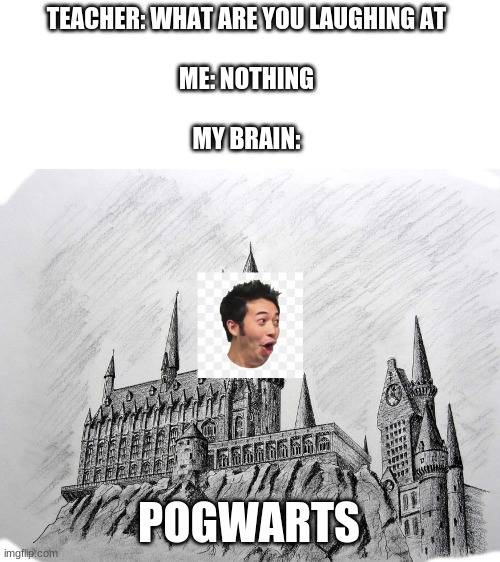Powarts |  TEACHER: WHAT ARE YOU LAUGHING AT
 
ME: NOTHING
 
MY BRAIN:; POGWARTS | image tagged in blank white template,harry potter,pog,meme,funny,teacher what are you laughing at | made w/ Imgflip meme maker