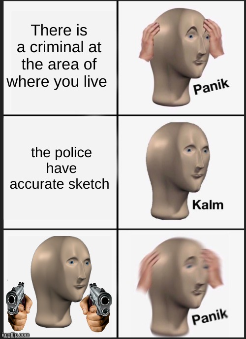 Panik Kalm Panik | There is a criminal at the area of where you live; the police have accurate sketch | image tagged in memes,panik kalm panik | made w/ Imgflip meme maker