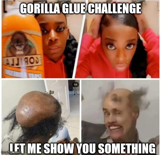 Gorilla glue challenge | GORILLA GLUE CHALLENGE; LET ME SHOW YOU SOMETHING | image tagged in gorilla glue idiot | made w/ Imgflip meme maker