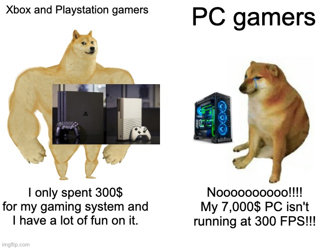 true true | Xbox and Playstation gamers; PC gamers; I only spent 300$ for my gaming system and I have a lot of fun on it. Noooooooooo!!!! My 7,000$ PC isn't running at 300 FPS!!! | image tagged in memes,buff doge vs cheems | made w/ Imgflip meme maker
