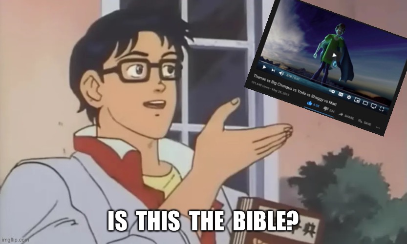 Is this the Bible? | IS  THIS  THE  BIBLE? | image tagged in big chungus,is this a pigeon,religion,thanos,shaggy,yoda | made w/ Imgflip meme maker