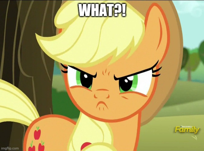 Pissed-Off Applejack (MLP) | WHAT?! | image tagged in pissed-off applejack mlp | made w/ Imgflip meme maker