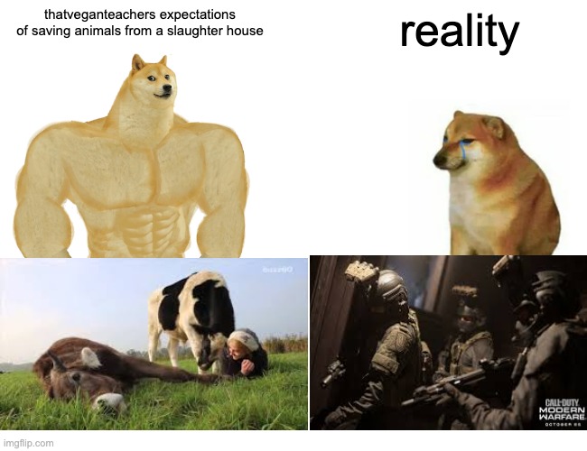 that vegan teacher | thatveganteachers expectations of saving animals from a slaughter house; reality | image tagged in memes,buff doge vs cheems | made w/ Imgflip meme maker
