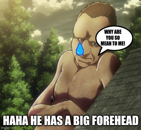attack on titan and chill | WHY ARE YOU SO MEAN TO ME! HAHA HE HAS A BIG FOREHEAD | image tagged in attack on titan and chill | made w/ Imgflip meme maker