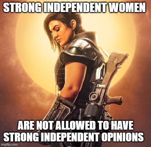 gina | STRONG INDEPENDENT WOMEN; ARE NOT ALLOWED TO HAVE STRONG INDEPENDENT OPINIONS | image tagged in gina | made w/ Imgflip meme maker