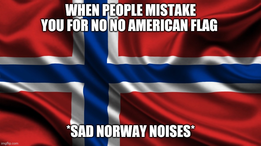 Norway | WHEN PEOPLE MISTAKE YOU FOR NO NO AMERICAN FLAG; *SAD NORWAY NOISES* | image tagged in norway | made w/ Imgflip meme maker