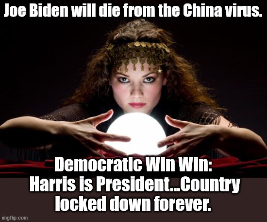 Joe will take one for the team |  Joe Biden will die from the China virus. Democratic Win Win:
 Harris is President...Country locked down forever. | image tagged in fortune teller,biden harris,covid-19 | made w/ Imgflip meme maker