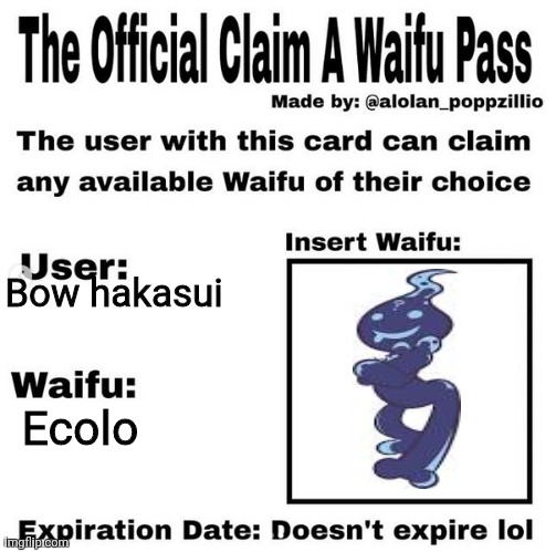 The ecolo waifu experience | Bow hakasui; Ecolo | image tagged in official claim a waifu pass | made w/ Imgflip meme maker