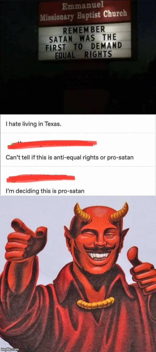 Buddy Satan says: eyyyy good call | image tagged in buddy satan,equal rights,equality,satan,church,repost | made w/ Imgflip meme maker