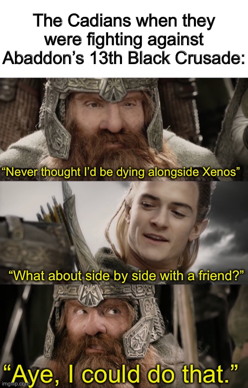Just a 40k meme | The Cadians when they were fighting against Abaddon’s 13th Black Crusade:; “Never thought I’d be dying alongside Xenos”; “What about side by side with a friend?”; “Aye, I could do that.” | image tagged in aye i could do that blank,warhammer 40k | made w/ Imgflip meme maker
