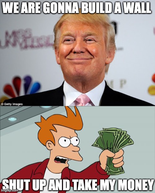 WE ARE GONNA BUILD A WALL; SHUT UP AND TAKE MY MONEY | image tagged in donald trump approves,memes,shut up and take my money fry | made w/ Imgflip meme maker