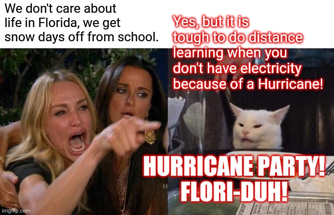 Florida logic! | We don't care about life in Florida, we get snow days off from school. Yes, but it is tough to do distance learning when you don't have electricity because of a Hurricane! HURRICANE PARTY!
FLORI-DUH! | image tagged in memes,woman yelling at cat | made w/ Imgflip meme maker
