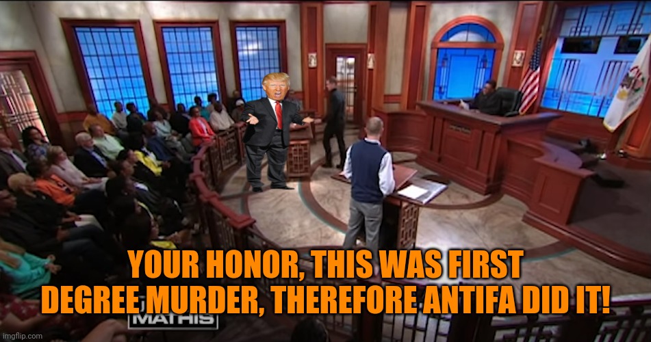 Trump Judge Mathis Take This L And Get Out Of My Courtroom | YOUR HONOR, THIS WAS FIRST DEGREE MURDER, THEREFORE ANTIFA DID IT! | image tagged in trump judge mathis take this l and get out of my courtroom | made w/ Imgflip meme maker