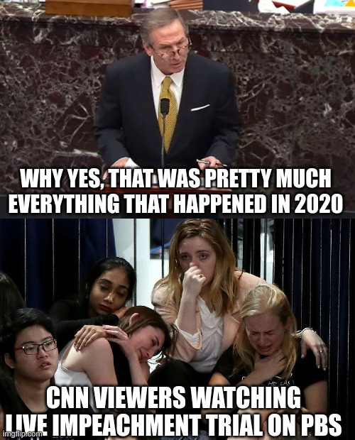 In Today's News | WHY YES, THAT WAS PRETTY MUCH EVERYTHING THAT HAPPENED IN 2020; CNN VIEWERS WATCHING LIVE IMPEACHMENT TRIAL ON PBS | image tagged in trump's lawyer,impeachment,msm lies | made w/ Imgflip meme maker