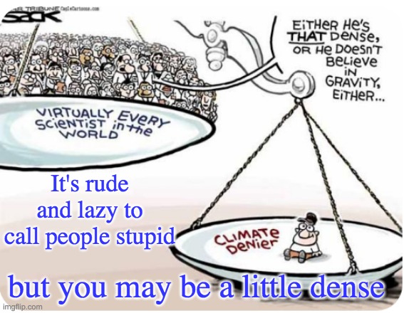 Chef's kiss (and who knows what from the kitchen) to all the climate deniers | It's rude and lazy to call people stupid; but you may be a little dense | image tagged in comics/cartoons,climate,climate change | made w/ Imgflip meme maker
