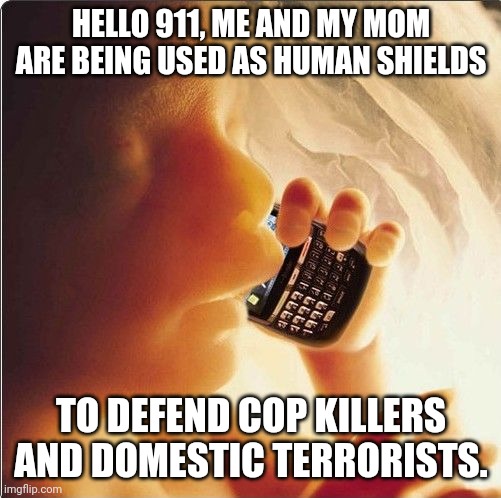 Baby in womb on cell phone - fetus blackberry | HELLO 911, ME AND MY MOM ARE BEING USED AS HUMAN SHIELDS TO DEFEND COP KILLERS AND DOMESTIC TERRORISTS. | image tagged in baby in womb on cell phone - fetus blackberry | made w/ Imgflip meme maker