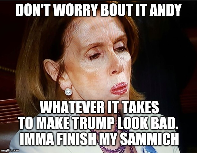 Nancy Pelosi PB Sandwich | DON'T WORRY BOUT IT ANDY WHATEVER IT TAKES TO MAKE TRUMP LOOK BAD. 
IMMA FINISH MY SAMMICH | image tagged in nancy pelosi pb sandwich | made w/ Imgflip meme maker