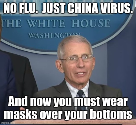 Dr Fauci | NO FLU.  JUST CHINA VIRUS. And now you must wear masks over your bottoms | image tagged in dr fauci | made w/ Imgflip meme maker