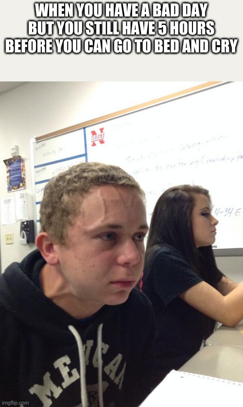 guy holding fart | WHEN YOU HAVE A BAD DAY BUT YOU STILL HAVE 5 HOURS BEFORE YOU CAN GO TO BED AND CRY | image tagged in guy holding fart | made w/ Imgflip meme maker