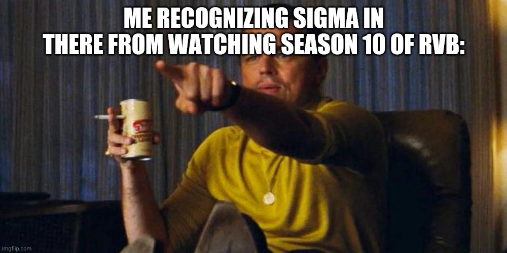 Pointing Leo | ME RECOGNIZING SIGMA IN THERE FROM WATCHING SEASON 10 OF RVB: | image tagged in pointing leo | made w/ Imgflip meme maker