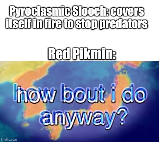 this is a Pikmin meme. now laugh |  Pyroclasmic Slooch: covers itself in fire to stop predators; Red Pikmin: | image tagged in how bout i do anyway,nintendo | made w/ Imgflip meme maker