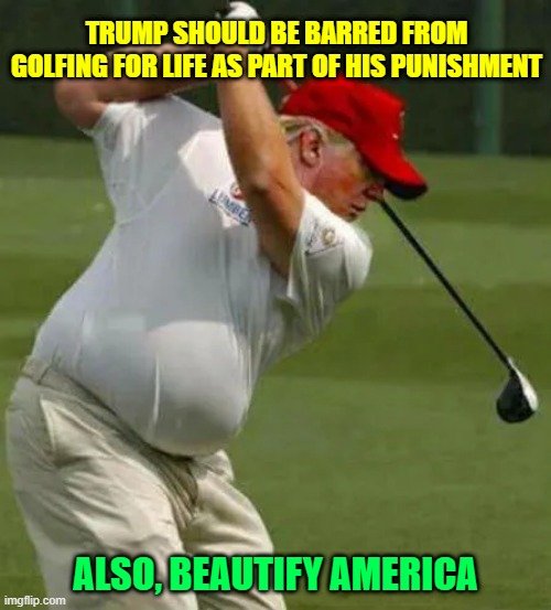 No Golf For You, Donnie Boy | TRUMP SHOULD BE BARRED FROM GOLFING FOR LIFE AS PART OF HIS PUNISHMENT; ALSO, BEAUTIFY AMERICA | image tagged in trump,donald trump,trump golf,trump golfing | made w/ Imgflip meme maker