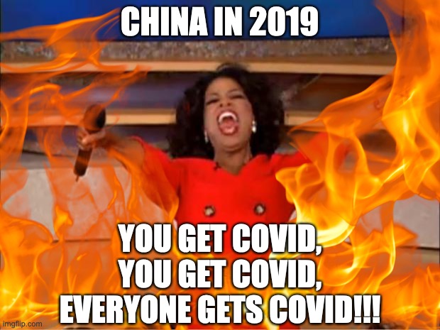 China |  CHINA IN 2019; YOU GET COVID,
YOU GET COVID,
EVERYONE GETS COVID!!! | image tagged in oprah you get a | made w/ Imgflip meme maker