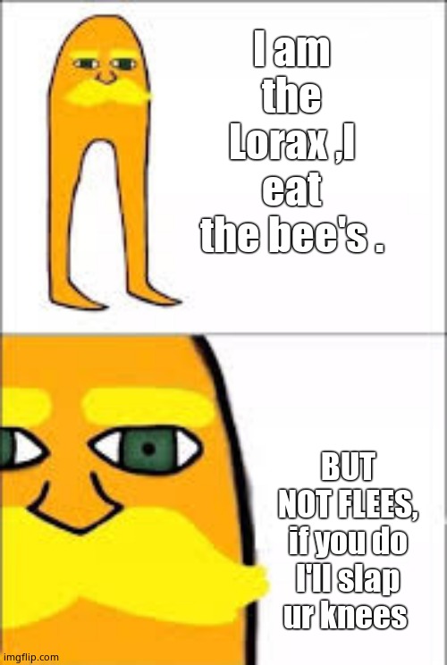 lorax format | I am the Lorax ,I eat the bee's . BUT NOT FLEES, if you do I'll slap ur knees | image tagged in lorax format | made w/ Imgflip meme maker