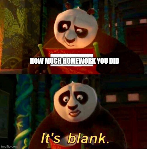 ITS BLANK |  HOW MUCH HOMEWORK YOU DID | image tagged in kung fu panda it s blank | made w/ Imgflip meme maker