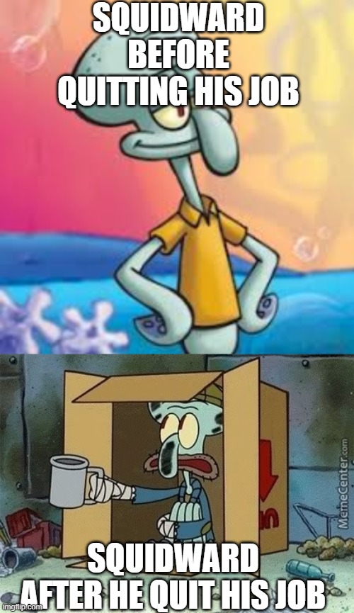 Squidward | SQUIDWARD BEFORE QUITTING HIS JOB; SQUIDWARD AFTER HE QUIT HIS JOB | image tagged in memes | made w/ Imgflip meme maker