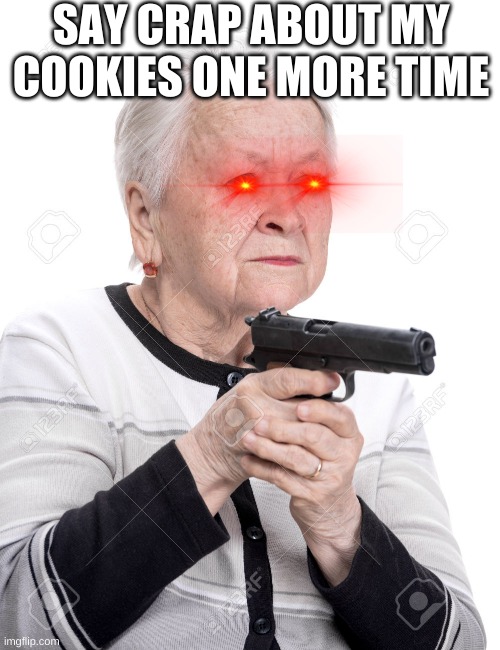 Grandma Gun | SAY CRAP ABOUT MY COOKIES ONE MORE TIME | image tagged in grandma gun | made w/ Imgflip meme maker