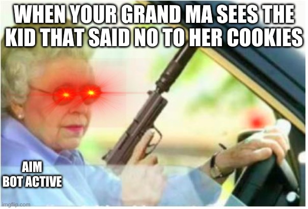 grandma gun weeb killer | WHEN YOUR GRAND MA SEES THE KID THAT SAID NO TO HER COOKIES; AIM BOT ACTIVE | image tagged in grandma gun weeb killer | made w/ Imgflip meme maker