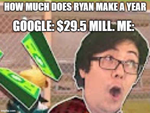 credits to Ryan's toy review for the thumbnail lol | HOW MUCH DOES RYAN MAKE A YEAR; GOOGLE: $29.5 MILL. ME: | image tagged in ryan,suprised | made w/ Imgflip meme maker