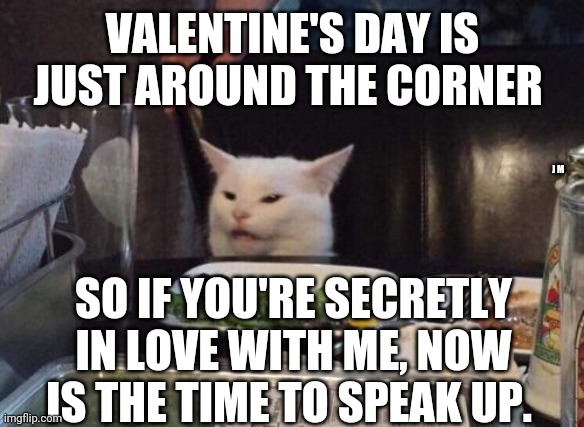 Salad cat | VALENTINE'S DAY IS JUST AROUND THE CORNER; J M; SO IF YOU'RE SECRETLY IN LOVE WITH ME, NOW IS THE TIME TO SPEAK UP. | image tagged in salad cat | made w/ Imgflip meme maker
