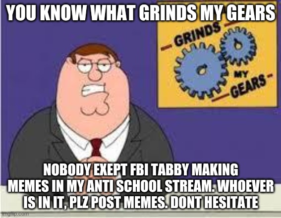 You know what really grinds my gears | YOU KNOW WHAT GRINDS MY GEARS; NOBODY EXEPT FBI TABBY MAKING MEMES IN MY ANTI SCHOOL STREAM. WHOEVER IS IN IT, PLZ POST MEMES. DONT HESITATE | image tagged in you know what really grinds my gears | made w/ Imgflip meme maker