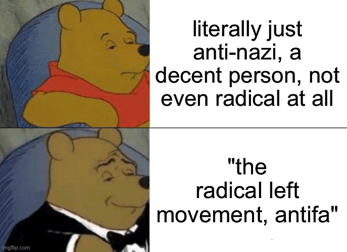 nazis were/are fascists, they have the same ideals don't pretend otherwise ?? | literally just anti-nazi, a decent person, not even radical at all; "the radical left movement, antifa" | image tagged in memes,tuxedo winnie the pooh | made w/ Imgflip meme maker