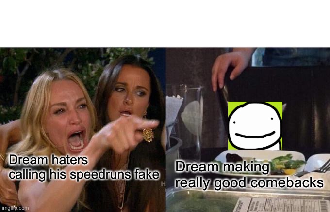 Woman Yelling At Cat | Dream haters calling his speedruns fake; Dream making really good comebacks | image tagged in memes,woman yelling at cat | made w/ Imgflip meme maker