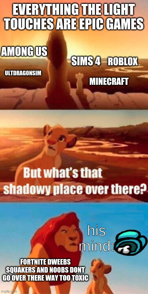 Did anyone notice Simba's face or just me | EVERYTHING THE LIGHT TOUCHES ARE EPIC GAMES; AMONG US; ROBLOX; SIMS 4; ULTDRAGONSIM; MINECRAFT; his mind:; FORTNITE DWEEBS SQUAKERS AND NOOBS DONT GO OVER THERE WAY TOO TOXIC | image tagged in memes,simba shadowy place | made w/ Imgflip meme maker