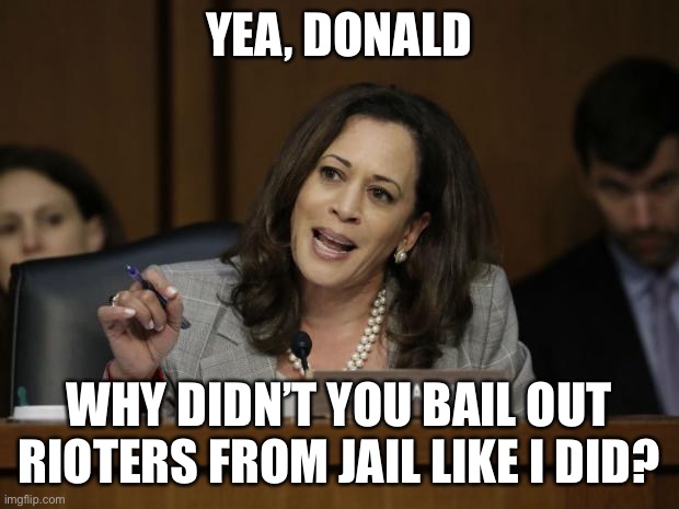 Kamala Harris | YEA, DONALD WHY DIDN’T YOU BAIL OUT RIOTERS FROM JAIL LIKE I DID? | image tagged in kamala harris | made w/ Imgflip meme maker