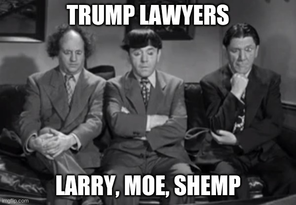 trump lawyers | TRUMP LAWYERS; LARRY, MOE, SHEMP | image tagged in three stooges | made w/ Imgflip meme maker