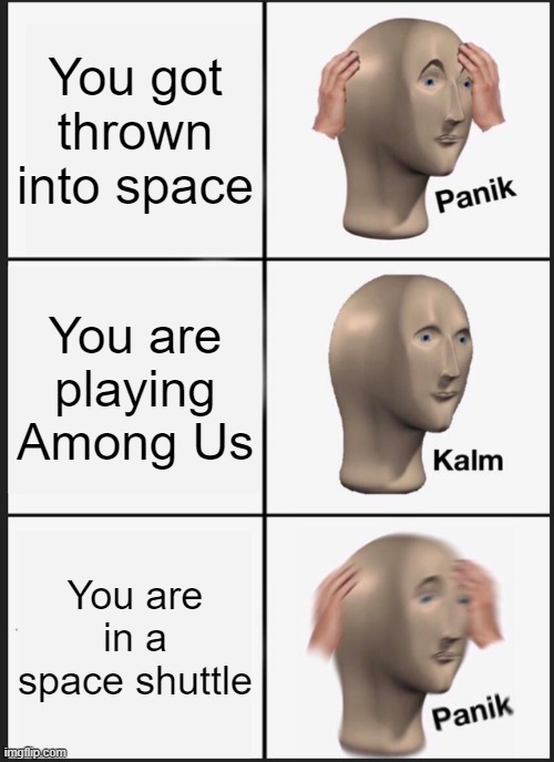 Panik Kalm Panik | You got thrown into space; You are playing Among Us; You are in a space shuttle | image tagged in memes,panik kalm panik | made w/ Imgflip meme maker