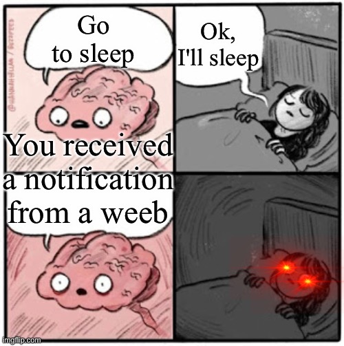 Brain Before Sleep | Ok, I'll sleep; Go to sleep; You received a notification from a weeb | image tagged in brain before sleep | made w/ Imgflip meme maker