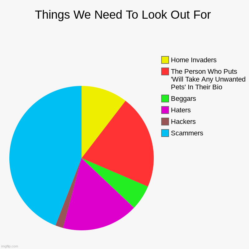 Things We Need To Look Out For | Scammers, Hackers, Haters, Beggars, The Person Who Puts 'Will Take Any Unwanted Pets' In Their Bio, Home In | image tagged in charts,pie charts | made w/ Imgflip chart maker