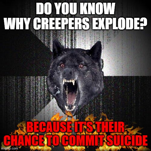 Insanity Wolf | DO YOU KNOW WHY CREEPERS EXPLODE? BECAUSE IT'S THEIR CHANCE TO COMMIT SUICIDE | image tagged in memes,insanity wolf | made w/ Imgflip meme maker