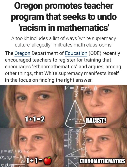 Mathematics is racist |  1 + 1 = 2; RACIST! ETHNOMATHEMATICS; 1 + 1 = ? | image tagged in math lady/confused lady,woke,libtards,liberals,oregon | made w/ Imgflip meme maker