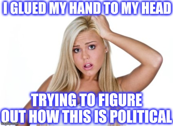 Dumb Blonde | I GLUED MY HAND TO MY HEAD TRYING TO FIGURE OUT HOW THIS IS POLITICAL | image tagged in dumb blonde | made w/ Imgflip meme maker