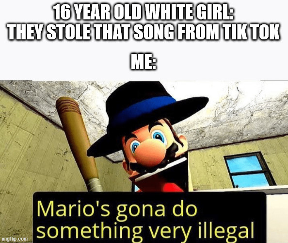 REEEEEEEEEEEEEEEEEEEEEEE | 16 YEAR OLD WHITE GIRL: THEY STOLE THAT SONG FROM TIK TOK; ME: | image tagged in mario s gonna do something very illegal | made w/ Imgflip meme maker