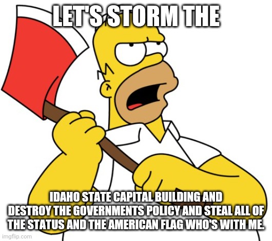 Shinning Homer | LET'S STORM THE; IDAHO STATE CAPITAL BUILDING AND DESTROY THE GOVERNMENTS POLICY AND STEAL ALL OF THE STATUS AND THE AMERICAN FLAG WHO'S WITH ME. | image tagged in shinning homer | made w/ Imgflip meme maker