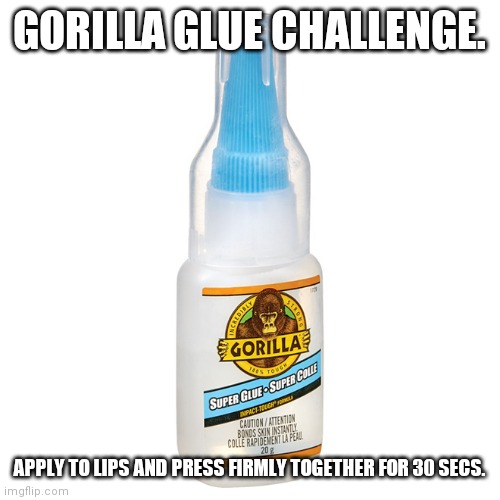 Gorilla glue challenge | GORILLA GLUE CHALLENGE. APPLY TO LIPS AND PRESS FIRMLY TOGETHER FOR 30 SECS. | image tagged in gorilla glue,challenge,darwin award | made w/ Imgflip meme maker
